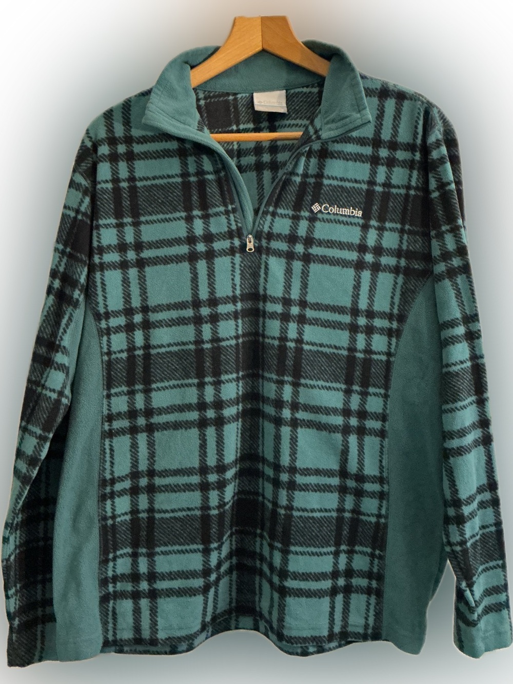 Columbia Men’s Medium Plaid Quarter-Zip Fleece Pullover Teal Black Outdoor
